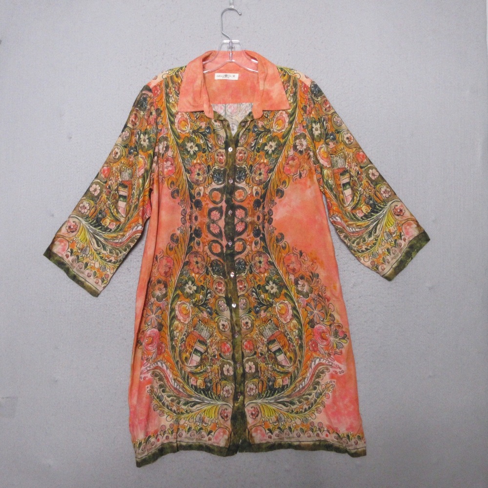 Natural Life Shirt Dress Fiona Orange Floral Paisley Boho Tunic Eclectic Relaxed